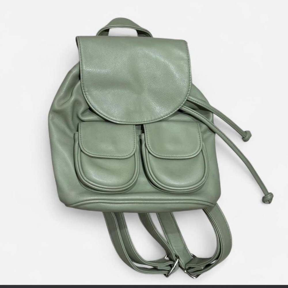 Green Faux-Leather Backpack with Front Pockets